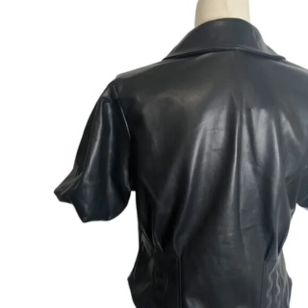 NEW Bagatelle Fitted Top Women’s Size Large Faux Leather‎ Puff Sleeves Button Up